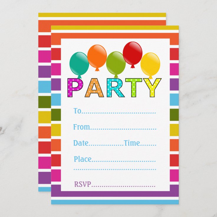 Generic Multi Coloured Balloon Party Invitation | Zazzle