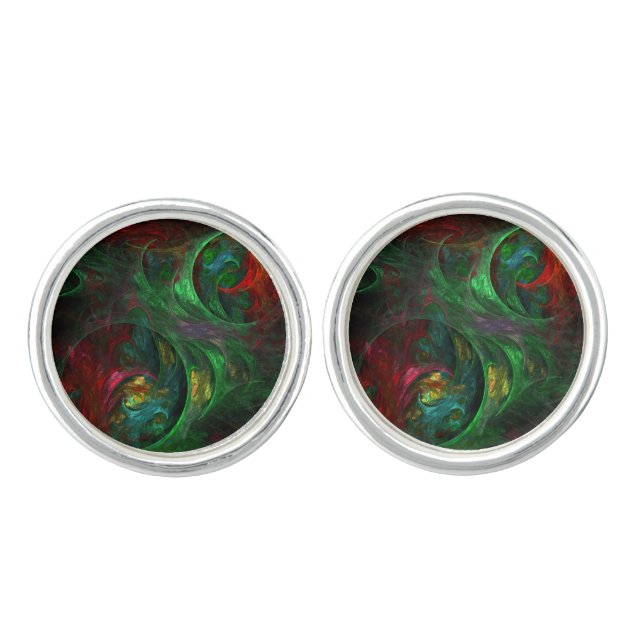 Genesis Green Abstract Art Silver Plated Cufflinks (Front)