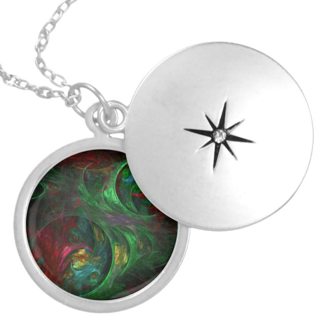 Genesis Green Abstract Silver Locket Necklace (Front)