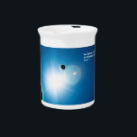 Genesis - Light And Darkness Drink Pitcher<br><div class="desc">A stylized image in blue tones and white of the Earth and Moon backlit by the sun. An English translation of Genesis 1:4 reading "God saw that the light was good,  and God divided the light from the darkness" also appears in glowing blue and white.</div>