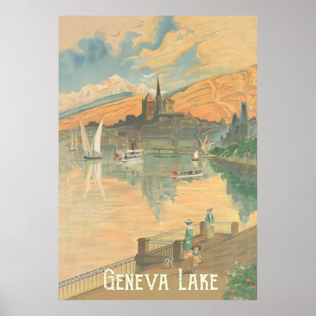 Geneva Lake, People on a Stroll, Switzerland Poster (Front)