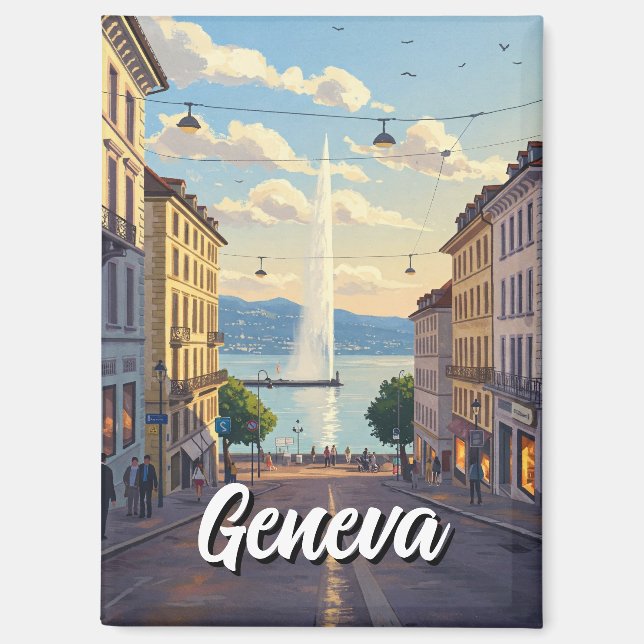 Geneva Street Switzerland Travel Jet d'eau Sunset Magnet (Front)