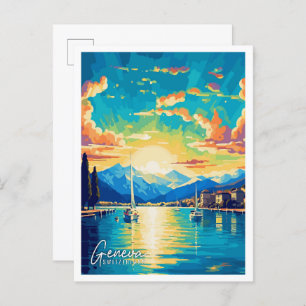 Geneva Switzerland Art vintage travel illustration Postcard
