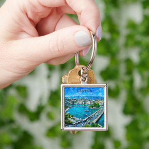 Geneva Switzerland Panorama View Painting Keychain