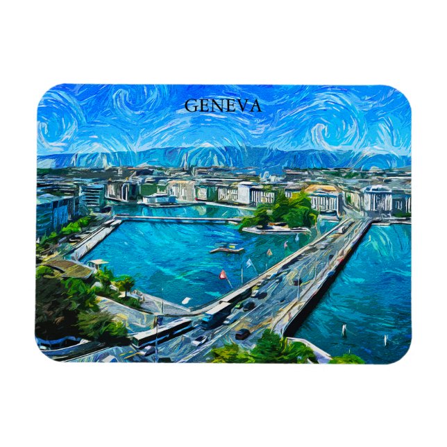 Geneva Switzerland Panorama View Painting Magnet (Horizontal)