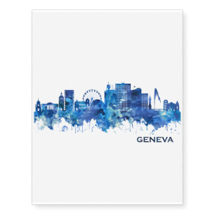 Geneva Switzerland Skyline Blue Temporary Tattoos