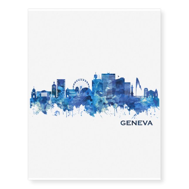 Geneva Switzerland Skyline Blue Temporary Tattoos (Front)