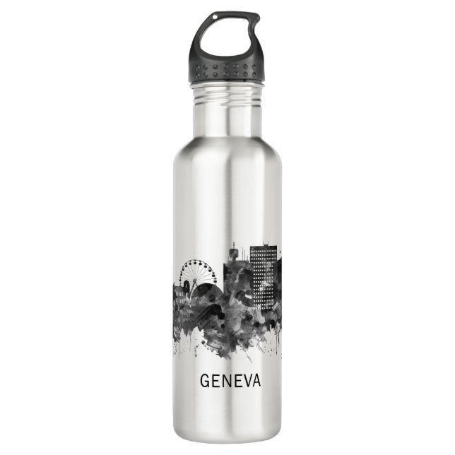 Geneva Switzerland Skyline BW Stainless Steel Water Bottle (Front)