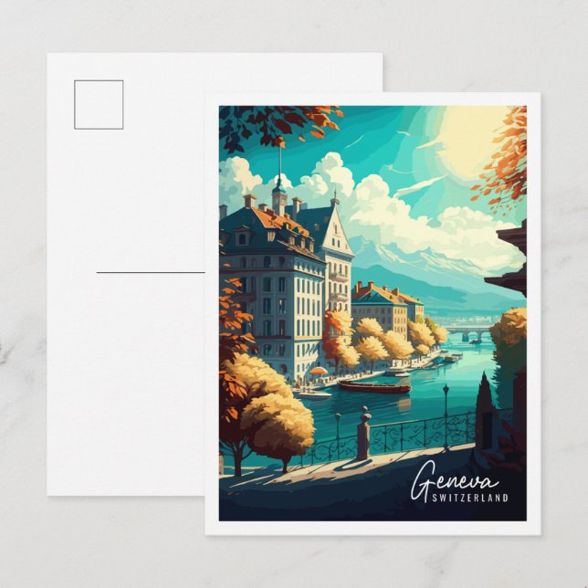 Geneva Switzerland vintage travel illustration Postcard (Front/Back)