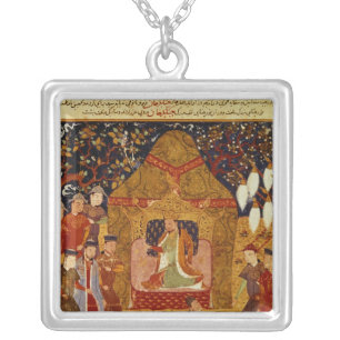 Genghis Khan in his tent by Rashid al-Din Silver Plated Necklace