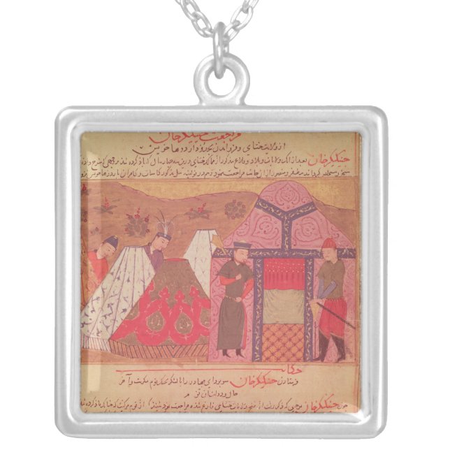 Genghis Khan outside his tent Silver Plated Necklace (Front)