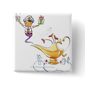 Genie bringing a house and gifts from a magic lamp button