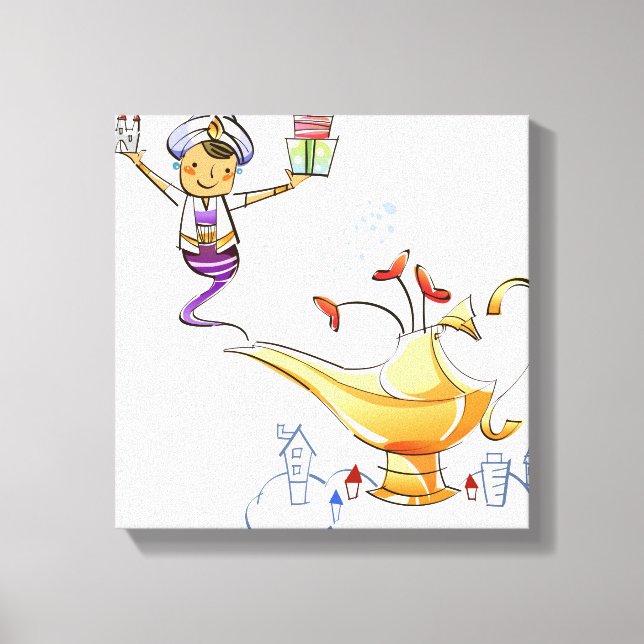 Genie bringing a house and gifts from a magic lamp canvas print (Front)
