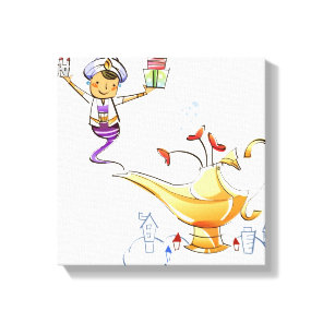 Genie bringing a house and gifts from a magic lamp canvas print