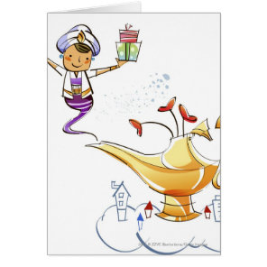 Genie bringing a house and gifts from a magic lamp cards