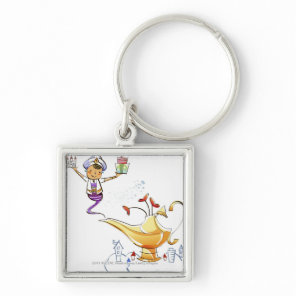 Genie bringing a house and gifts from a magic lamp keychain