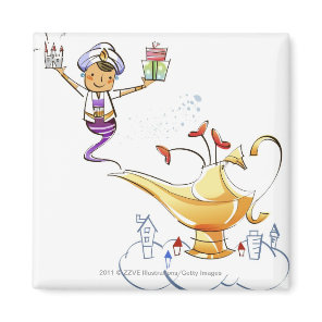 Genie bringing a house and gifts from a magic lamp magnet