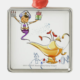 Genie bringing a house and gifts from a magic lamp metal ornament