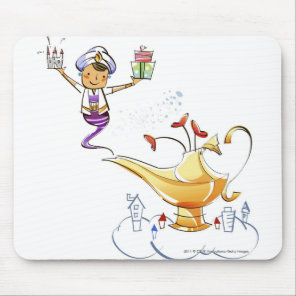 Genie bringing a house and gifts from a magic lamp mouse pad