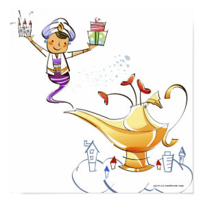 Genie bringing a house and gifts from a magic lamp poster