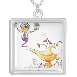 Genie bringing a house and gifts from a magic lamp silver plated necklace