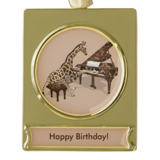 Genius Giraffe Playing Piano Gold Plated Banner Ornament