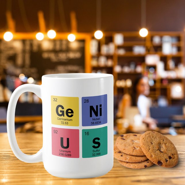 GENIUS | Periodic Table of Elements Symbols Coffee Mug (Shown in 15oz.  Available in multiple sizes, types and colors. Cookies not included  :-()