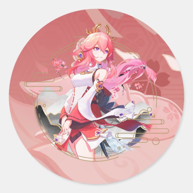 Genshin Impact Yae Miko Raposa Rosa Classic Round Sticker (Front)