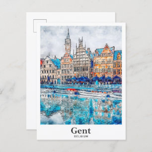 Gent Belgium Travel Watercolor Hand Drawn Postcard