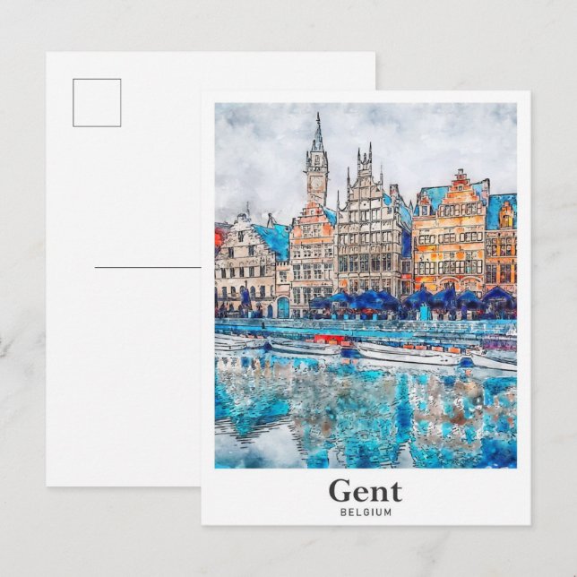 Gent Belgium Travel Watercolor Hand Drawn Postcard (Front/Back)