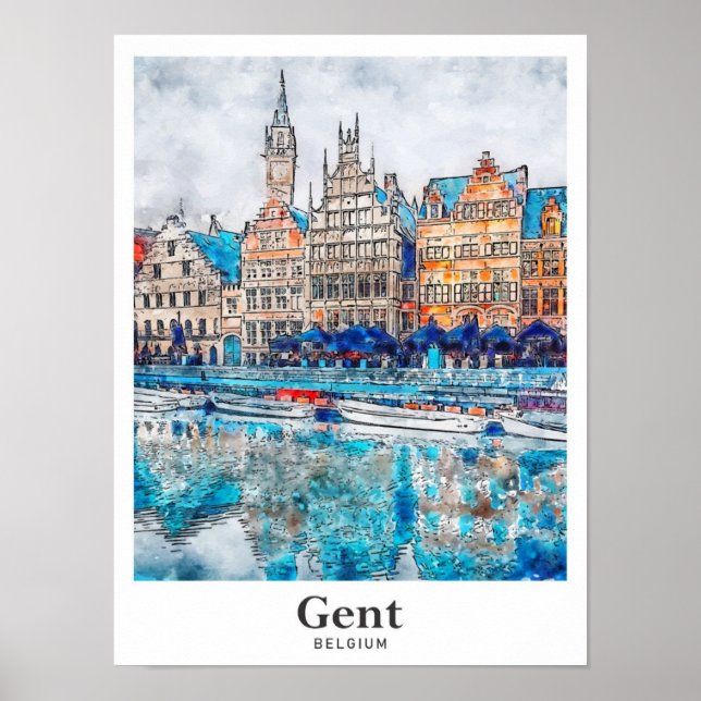 Gent Belgium Travel Watercolor Hand Drawn Poster (Front)