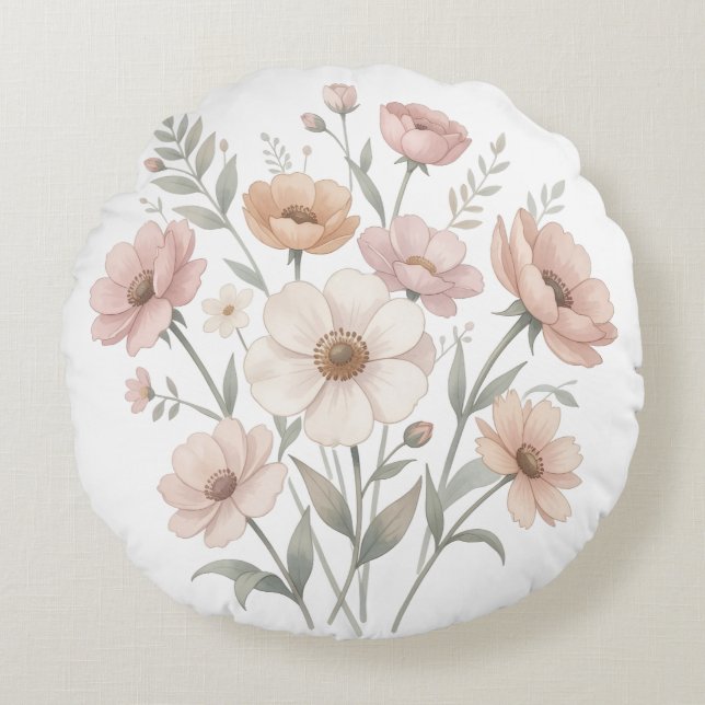 Gentle Anemone Bouquet Watercolor Softness Round Pillow (Front)