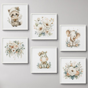 Gentle Baby Animal and Floral Wall Art Peel And Stick Photo Tile