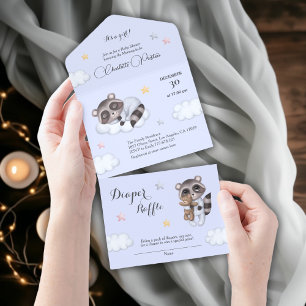 Gentle Baby Boy Raccoon Blue Baby Shower All In One Invitation