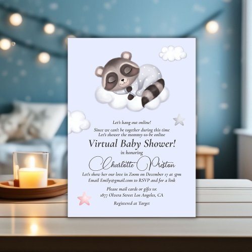 Gentle Baby Boy Raccoon Blue Baby Shower Virtual Invitation