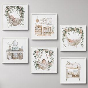 Gentle Baby Hammock & Care Scenes – Nursery Art Peel And Stick Photo Tile
