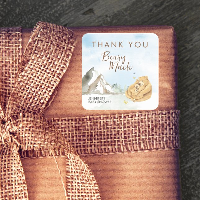 Gentle Beige Watercolor Bear Baby Thank You Square Sticker (Creator Uploaded)