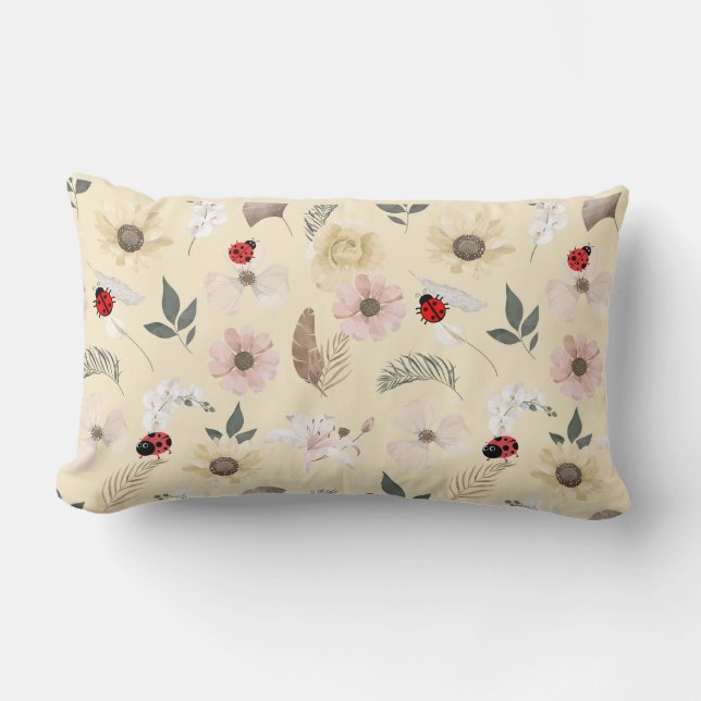 Gentle Blooms and Ladybugs Lumbar Pillow (Front)