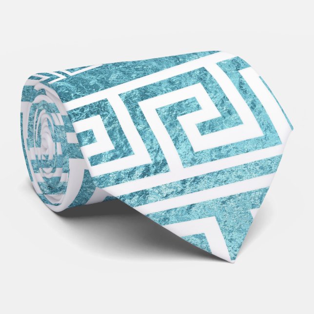 Gentle Blue Greek Meander Pattern on glass Neck Tie (Rolled)