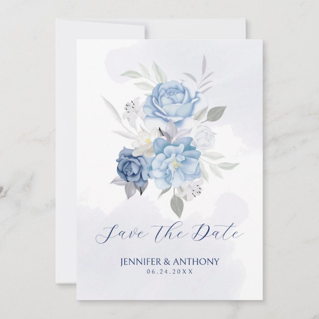 Gentle Blue & White Roses  Save The Date (Front)