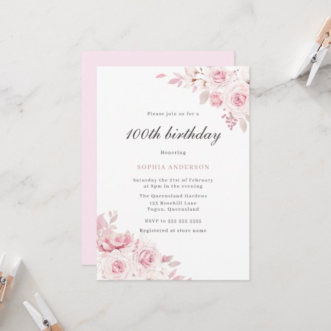 Gentle Blush Elegant Flowers 100th Birthday Party Invitation (Front/Back In Situ)
