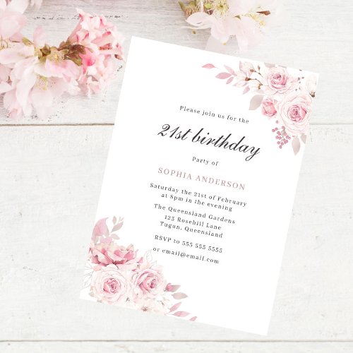 Gentle Blush Elegant Flowers 21st Birthday Party Invitation