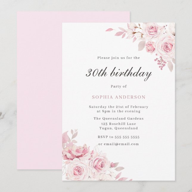 Gentle Blush Elegant Flowers 30th Birthday Party Invitation (Front/Back)