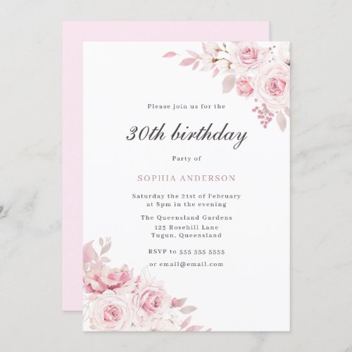 Gentle Blush Elegant Flowers 30th Birthday Party Invitation