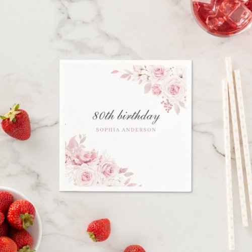 Gentle Blush Elegant Flowers 80th Birthday Party Napkins