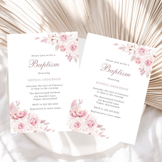 Gentle Blush Elegant Flowers Baby Girl Baptism Invitation (Creator Uploaded)