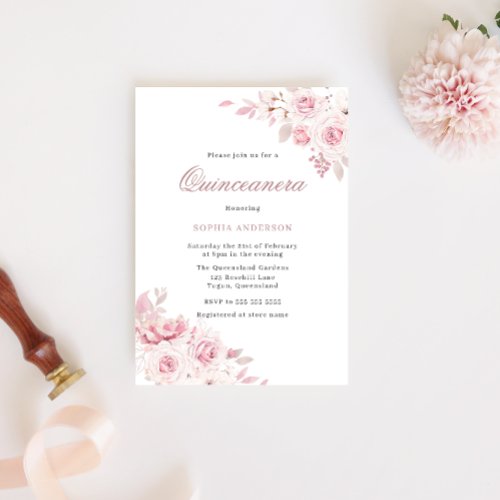 Gentle Blush Elegant Flowers Quinceanera Party Invitation