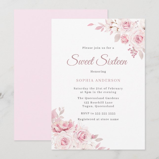 Gentle Blush Elegant Flowers Sweet 16 Party Invitation (Front/Back)
