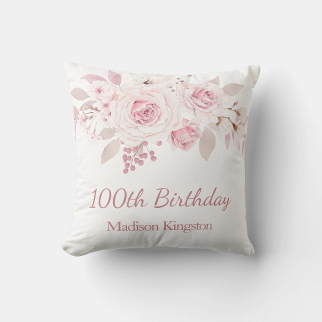 Gentle Blush Pink Floral 100th Birthday Party Gift Throw Pillow (Front)