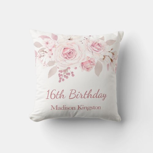 Gentle Blush Pink Floral 16th Birthday Party Gift Throw Pillow